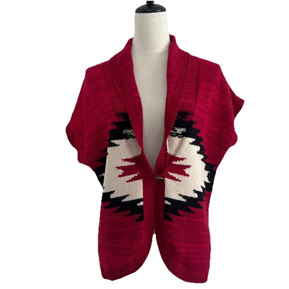 Chaps Cardigan Sweater Womens Lg Red One Button Short Sleeves Southwestern Aztec - Picture 1 of 9